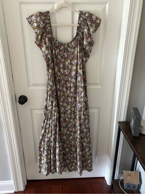 entro Floral Ruffle Sleeve Midi Dress in Yellow, White, Pink